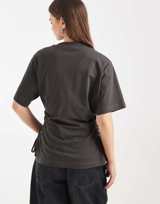 ASOS DESIGN - T-shirt color carbone raccolta con allacciatura laterale, 3 di 4