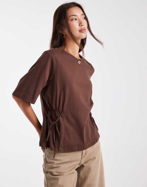 ASOS DESIGN - T-shirt color cioccolato raccolta con allacciatura laterale - view 1