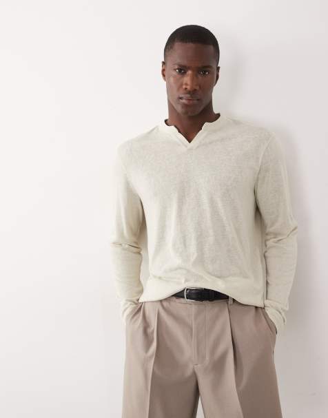 ASOS DESIGN - T-shirt comoda a maniche lunghe beige effetto lino con intaglio sullo scollo - view 1