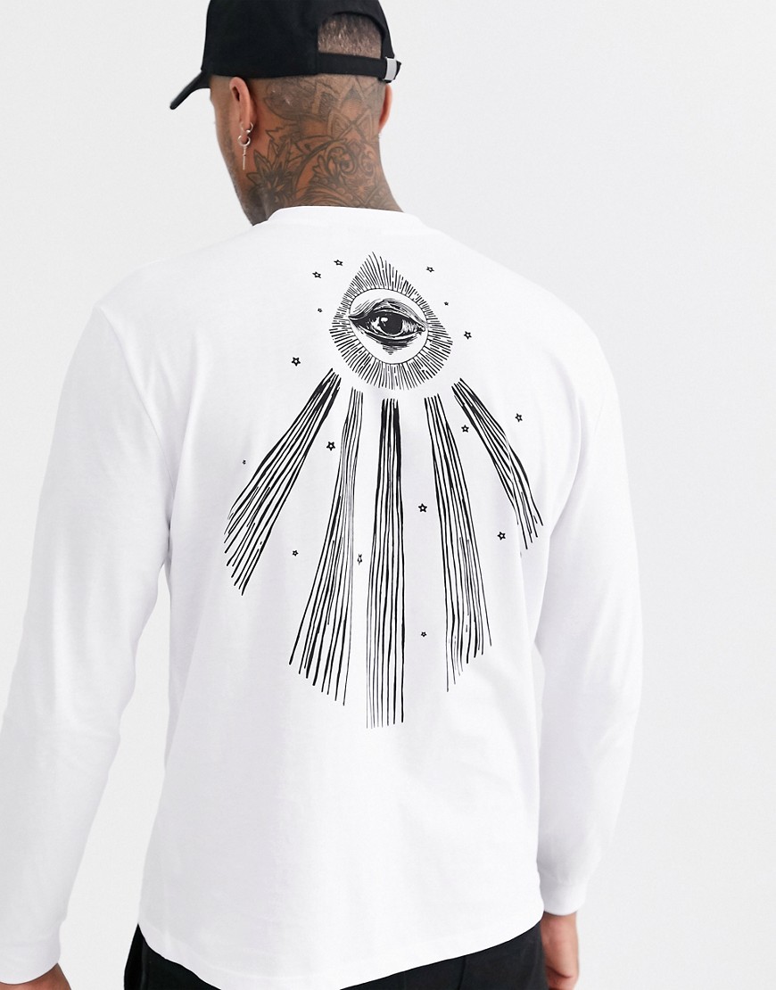 ASOS DESIGN - T-shirt comoda a maniche lunghe con ampia stampa in stile mistico sul retro-Bianco