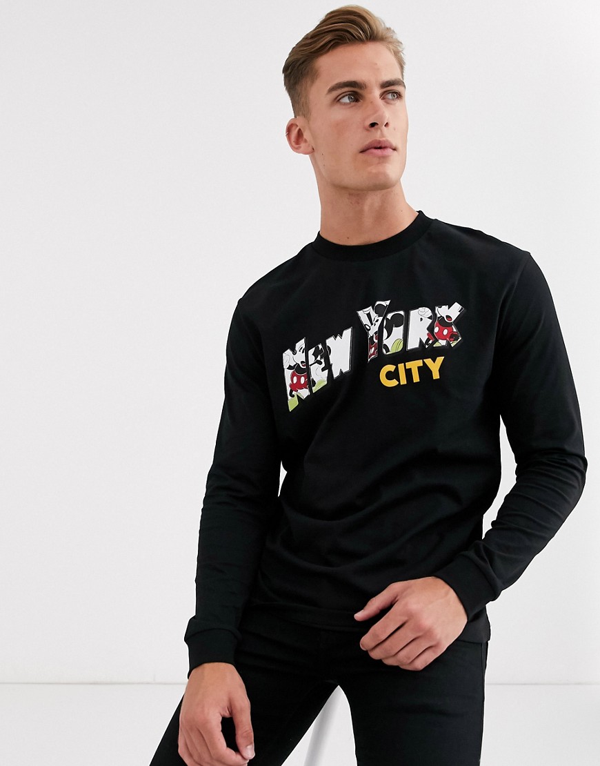 ASOS DESIGN - T-shirt comoda a maniche lunghe con stampa di città e Topolino della Disney-Nero