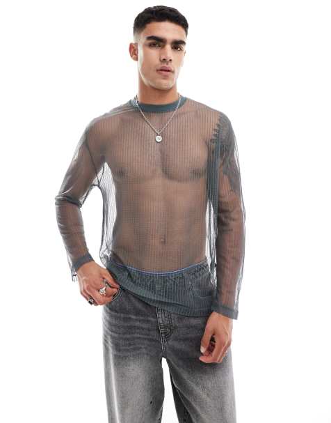 ASOS DESIGN - T-shirt comoda a maniche lunghe in rete antracite - view 1
