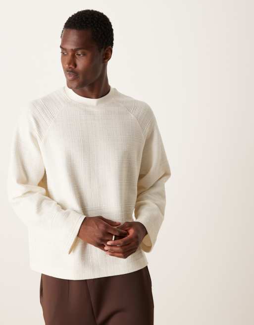 ASOS DESIGN - T-shirt comoda a maniche lunghe raglan color crema testurizzata