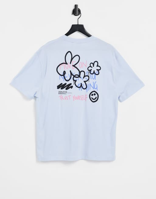 ASOS DESIGN - T-shirt comoda blu con scritta effetto graffiti sul retro