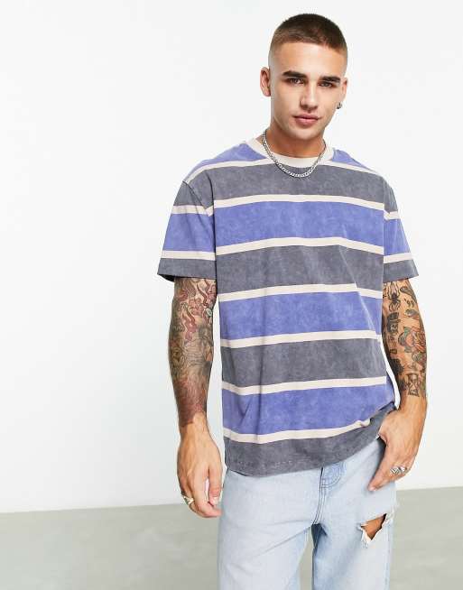ASOS DESIGN - T-shirt comoda blu e verde slavato a righe