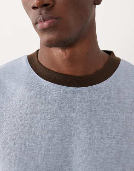 ASOS DESIGN - T-shirt comoda blu effetto lino con dettagli a contrasto, 5 di 5
