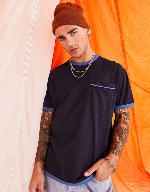 ASOS DESIGN - T-shirt comoda blu navy con tasca e profili a contrasto blu