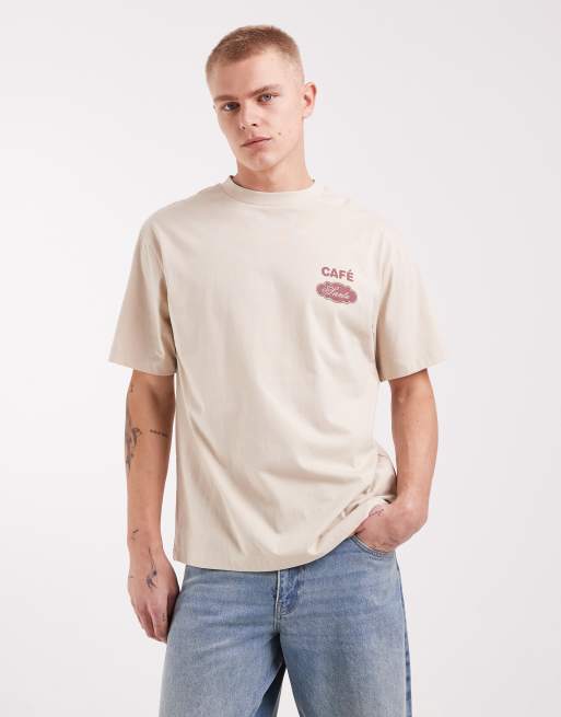 ASOS DESIGN - T-shirt comoda color pietra con grafica "Café"., 5 di 5