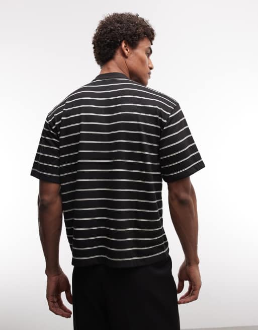 ASOS DESIGN - T-shirt comoda con collo serafino in tessuto testurizzato nero a righe, 5 di 5