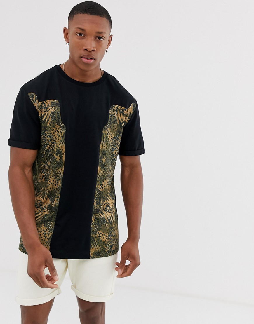 ASOS DESIGN - T-shirt comoda con inserti leopardati e maniche con risvolto-Nero