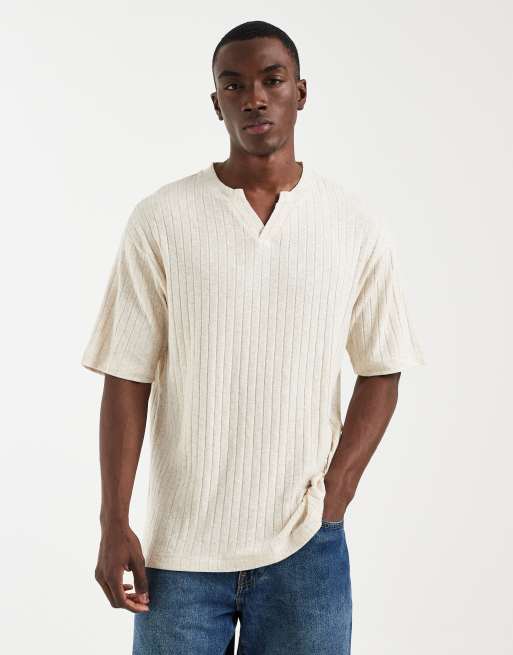ASOS DESIGN - T-shirt comoda con intaglio sul collo beige effetto lino a coste