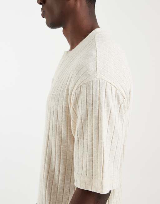 ASOS DESIGN - T-shirt comoda con intaglio sul collo beige effetto lino a coste, 2 di 5