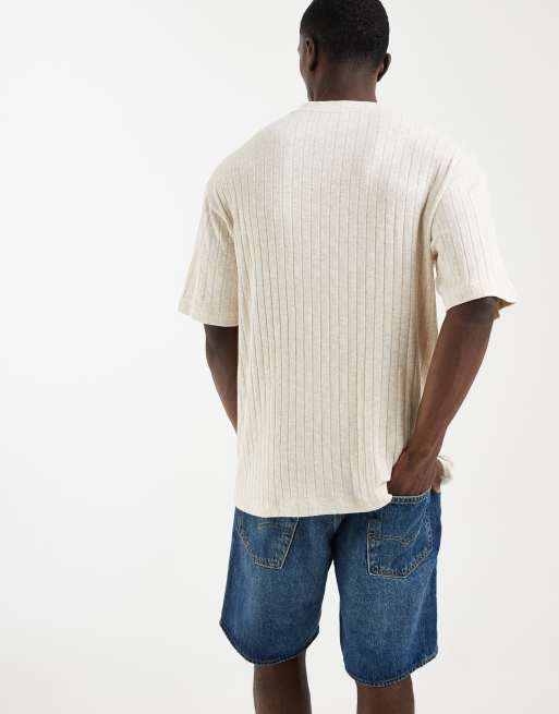ASOS DESIGN - T-shirt comoda con intaglio sul collo beige effetto lino a coste, 3 di 5