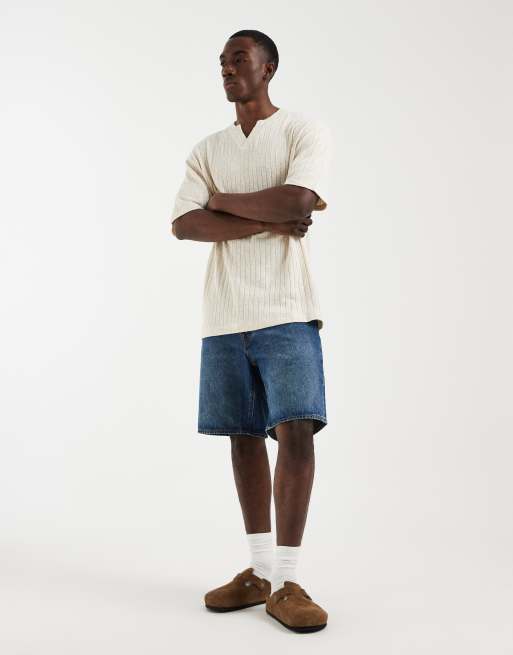 ASOS DESIGN - T-shirt comoda con intaglio sul collo beige effetto lino a coste, 4 di 5
