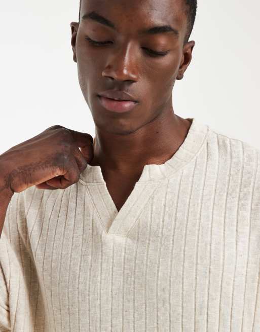 ASOS DESIGN - T-shirt comoda con intaglio sul collo beige effetto lino a coste, 5 di 5