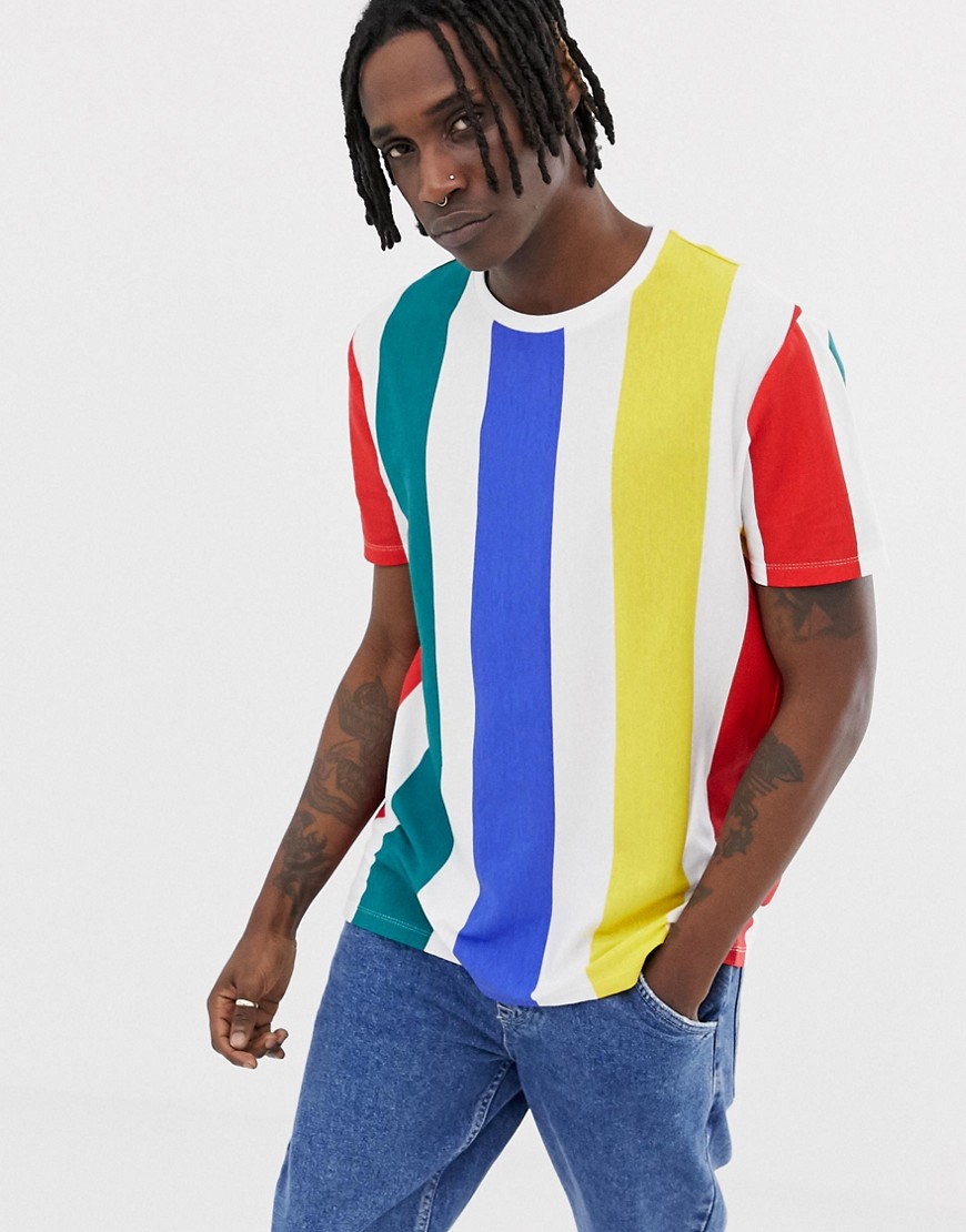 ASOS DESIGN - T-shirt comoda con righe verticali arcobaleno grosse-Bianco