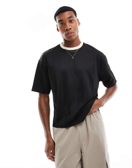 ASOS DESIGN - T-shirt comoda con scollo con riga a contrasto, colore nero