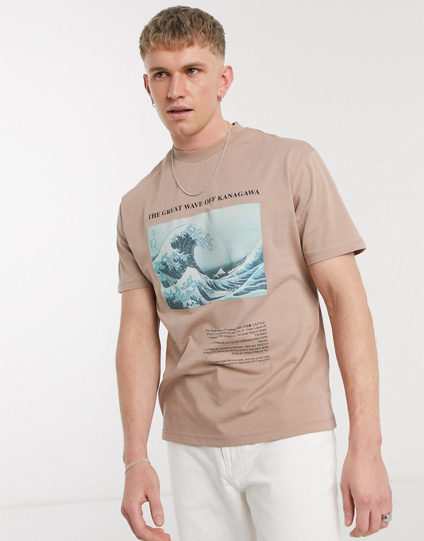 ASOS DESIGN - T-shirt comoda con scritta The Great Wave off Kanagawa-Beige