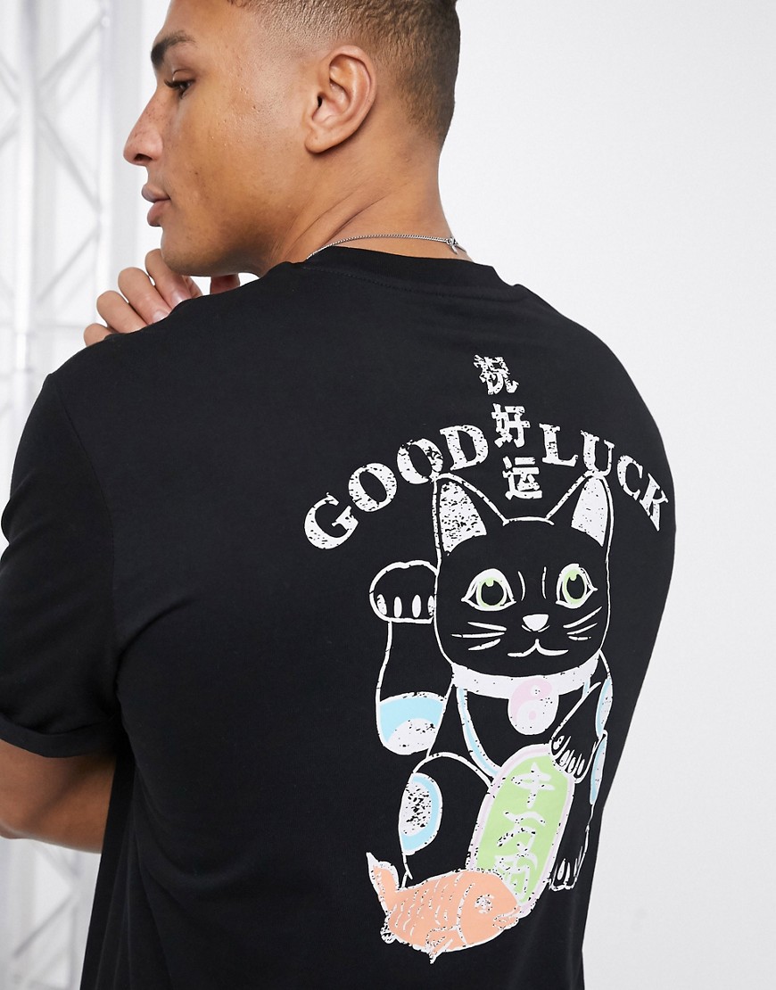 ASOS DESIGN - T-shirt comoda con stampa di gatto portafortuna e maniche con risvolto nera-Nero