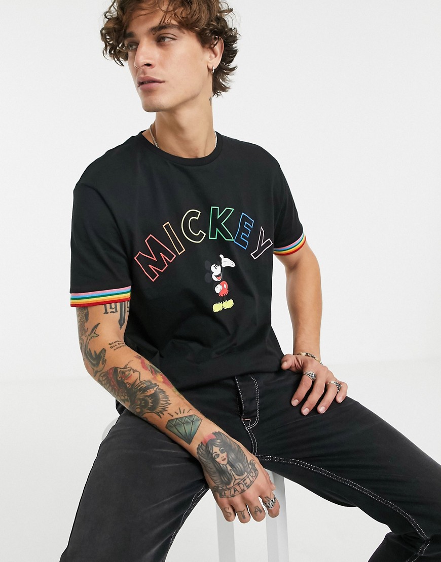 ASOS DESIGN - T-shirt comoda con stampa sul petto con Topolino e bordi a coste a contrasto-Nero