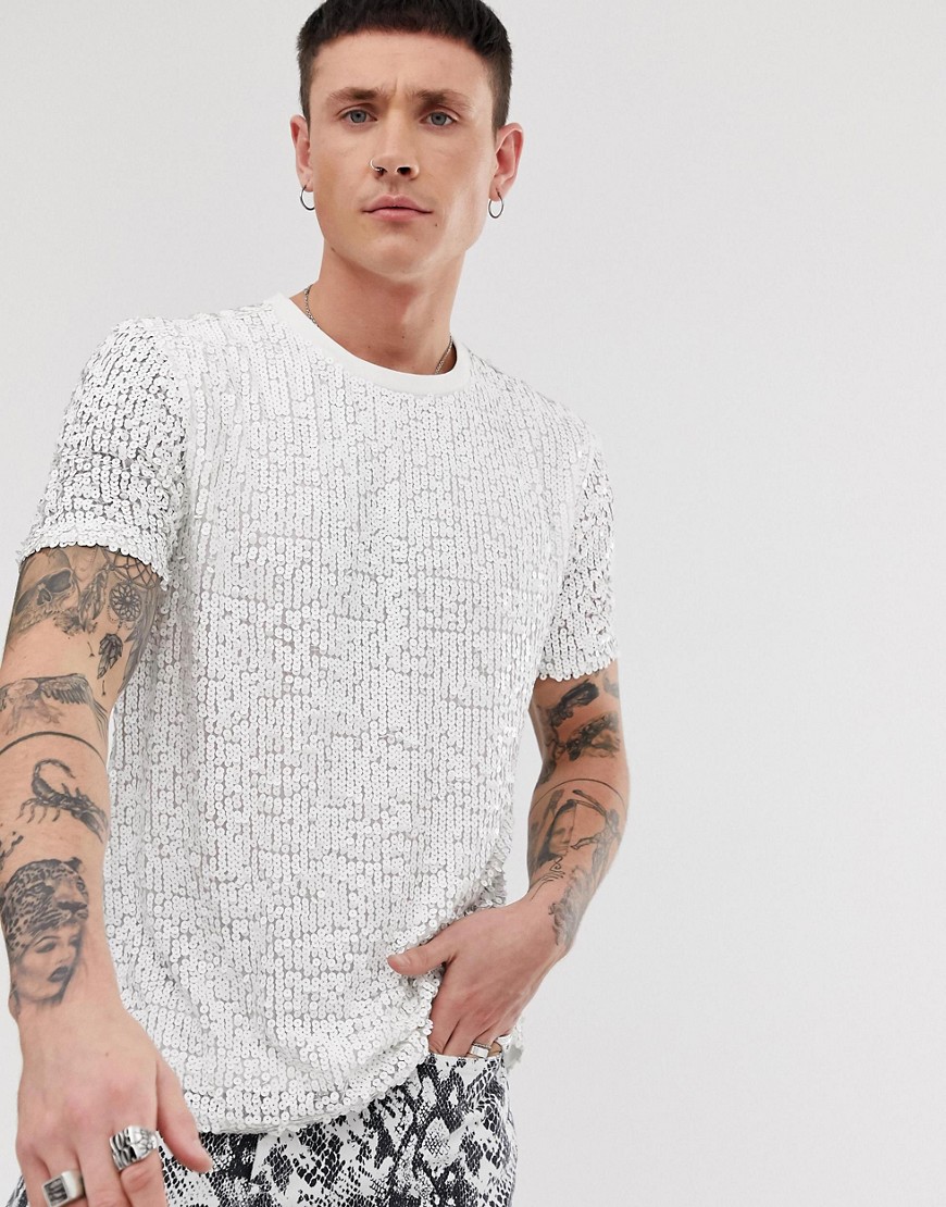 ASOS DESIGN - T-shirt comoda da festival con paillettes bianche-Bianco