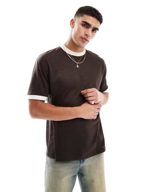 ASOS DESIGN - T-shirt comoda effetto lino marrone con dettagli a contrasto