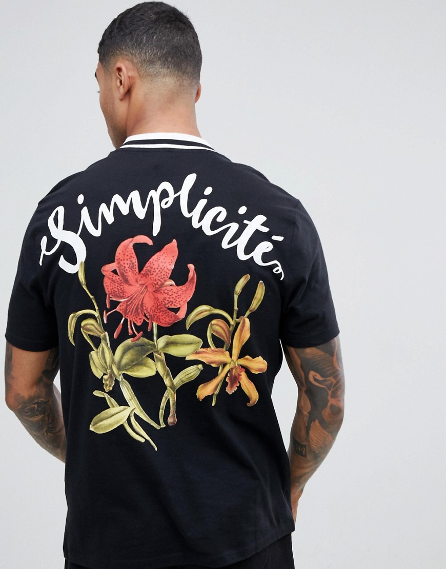 ASOS DESIGN - T-shirt comoda in cotone organico con collo a coste a contrasto e fiori e scritta Simplicité sul retro-Nero