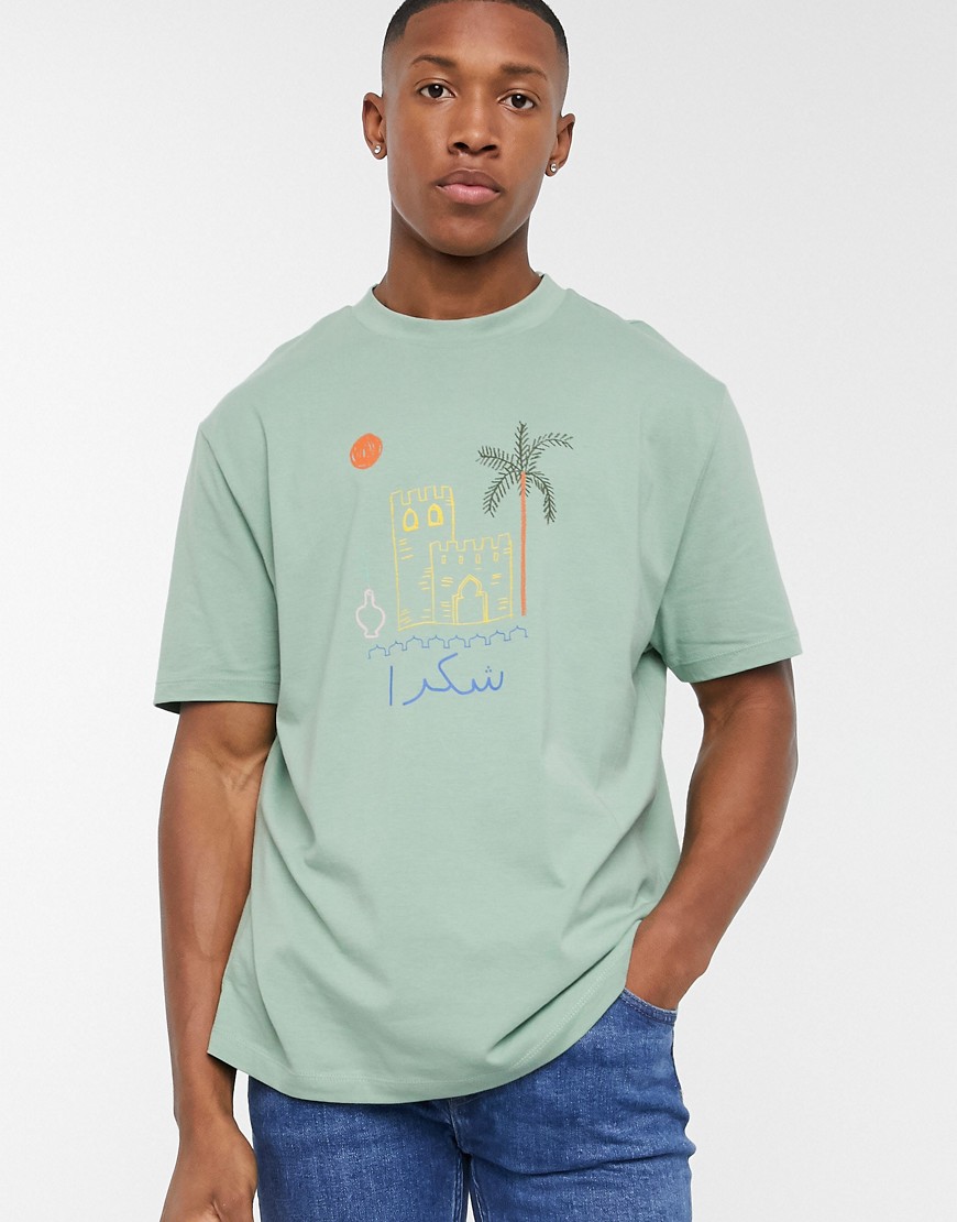 ASOS DESIGN - T-shirt comoda in cotone organico con stampa con veduta-Verde