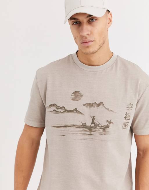 ASOS DESIGN - T-shirt comoda in cotone slavato con stampa di paesaggio