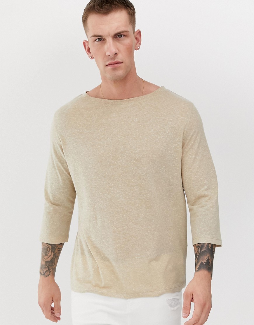 ASOS DESIGN - T-shirt comoda in misto lino con scollo a barchetta e maniche a 3/4-Beige