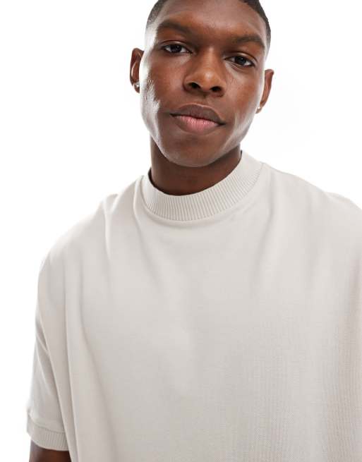 ASOS DESIGN - T-shirt comoda in piqué beige con dettaglio a coste