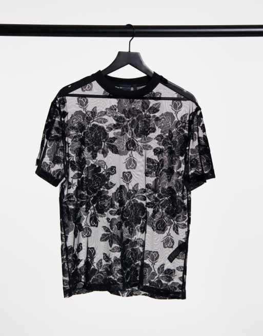ASOS DESIGN - T-shirt comoda in rete nera a fiori effetto dévoré