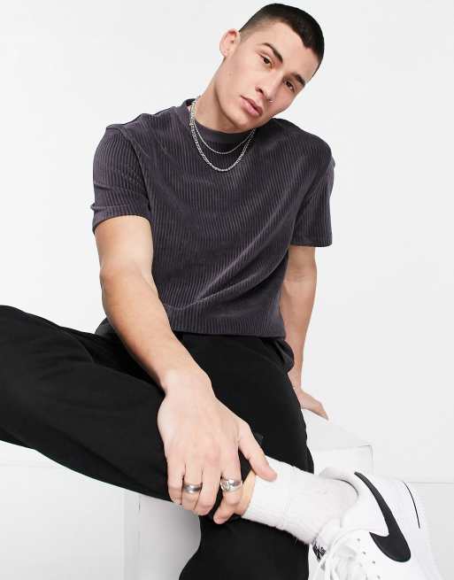 ASOS DESIGN - T-shirt comoda in velour a coste grigio scuro