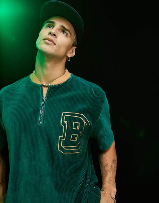 ASOS DESIGN - T-shirt comoda in velour a coste verde con ricamo