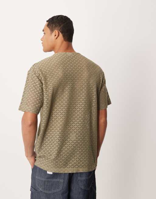 ASOS DESIGN - T-shirt comoda kaki all'uncinetto con scollo a intaglio, 3 di 5