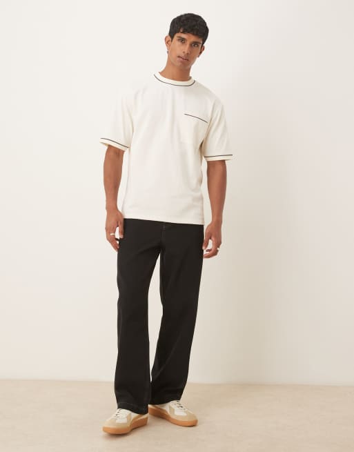 ASOS DESIGN - T-shirt comoda pesante 240 gsm écru con profili a contrasto, 2 di 5