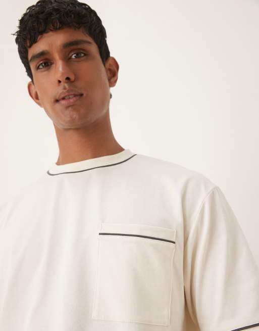 ASOS DESIGN - T-shirt comoda pesante 240 gsm écru con profili a contrasto, 3 di 5