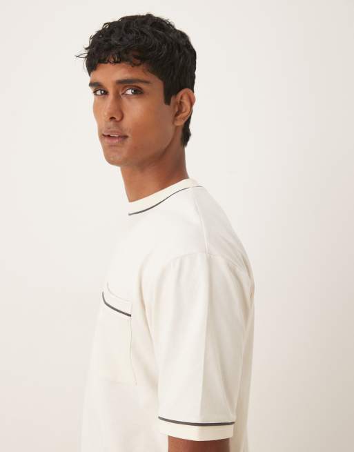 ASOS DESIGN - T-shirt comoda pesante 240 gsm écru con profili a contrasto, 4 di 5