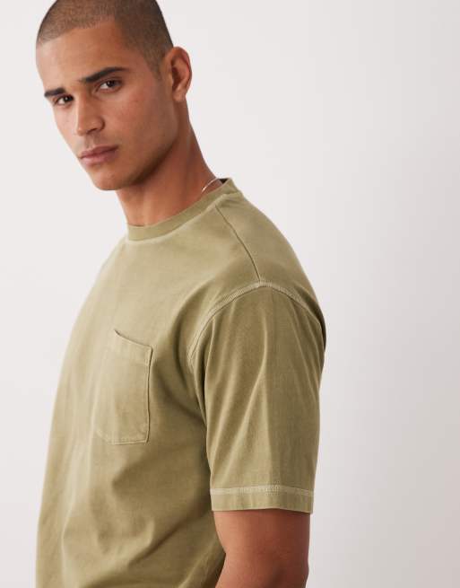 ASOS DESIGN - T-shirt comoda pesante con tasca kaki slavato in coordinato, 4 di 5
