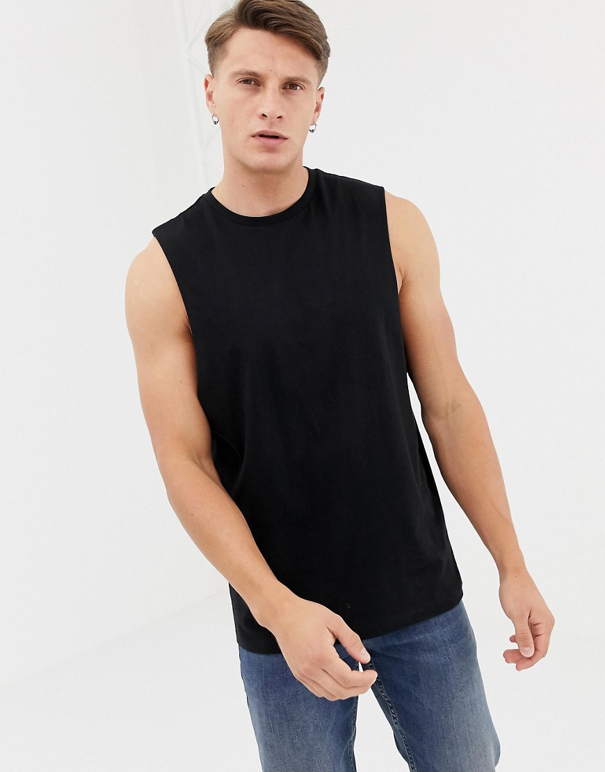 ASOS DESIGN - T-shirt comoda senza maniche con giromanica ampio in cotone biologico nera-Nero