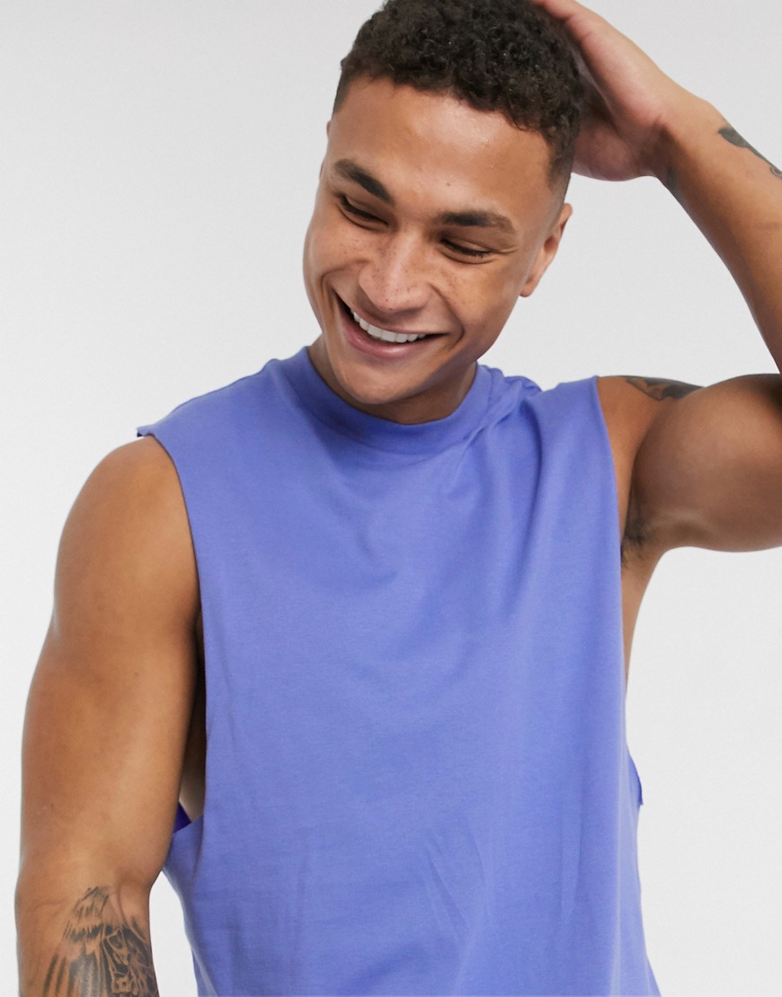 ASOS DESIGN - T-shirt comoda senza maniche con giromanica ampio in tessuto biologico blu-Viola