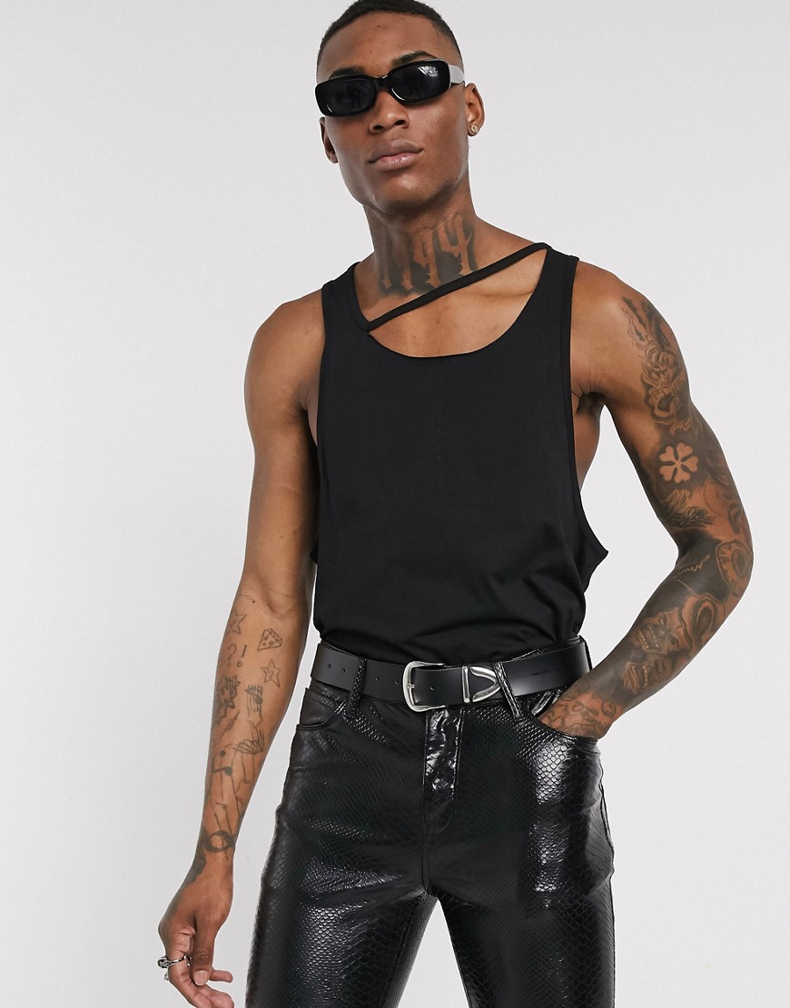 ASOS DESIGN - T-shirt comoda senza maniche con scollo a barchetta nera-Nero