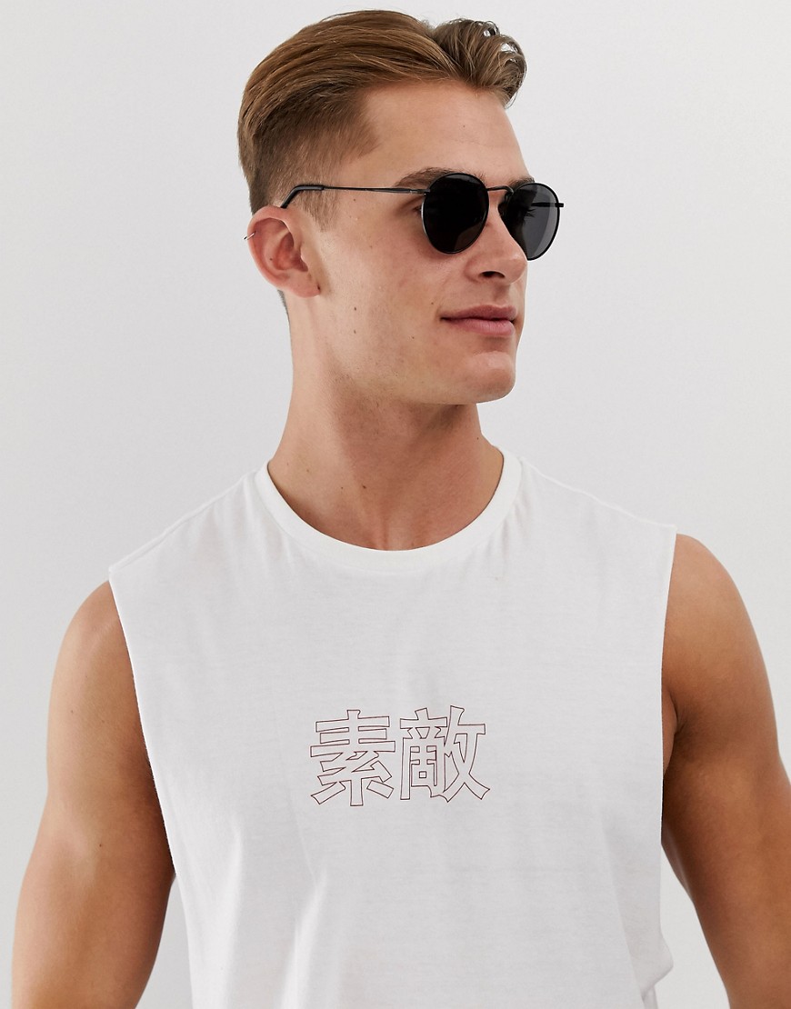 ASOS DESIGN - T-shirt comoda senza maniche in cotone organico con scritta giapponese-Bianco