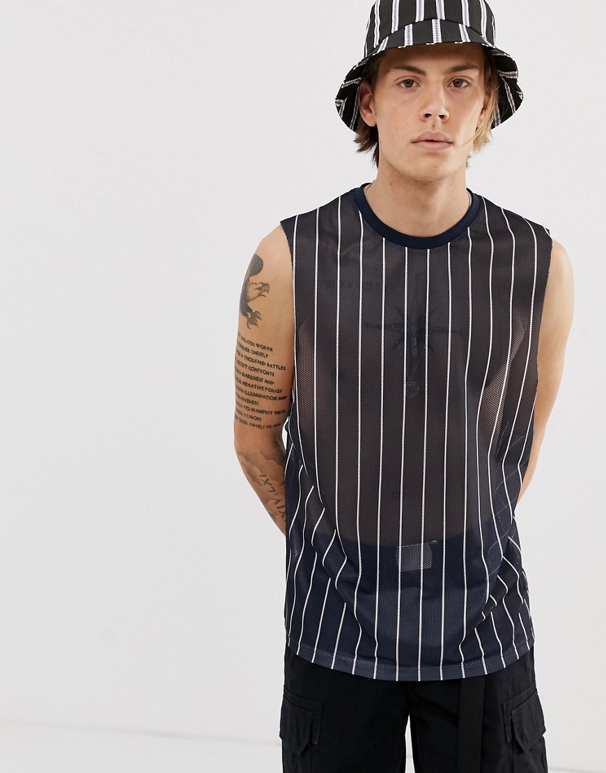 ASOS DESIGN - T-shirt comoda senza maniche in tessuto a rete con righe verticali-Navy