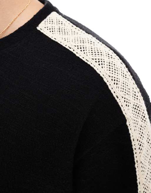 ASOS DESIGN - T-shirt comoda squadrata pesante nera con fettucce in pizzo, 3 di 4