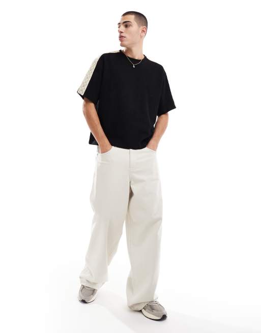 ASOS DESIGN - T-shirt comoda squadrata pesante nera con fettucce in pizzo, 4 di 4