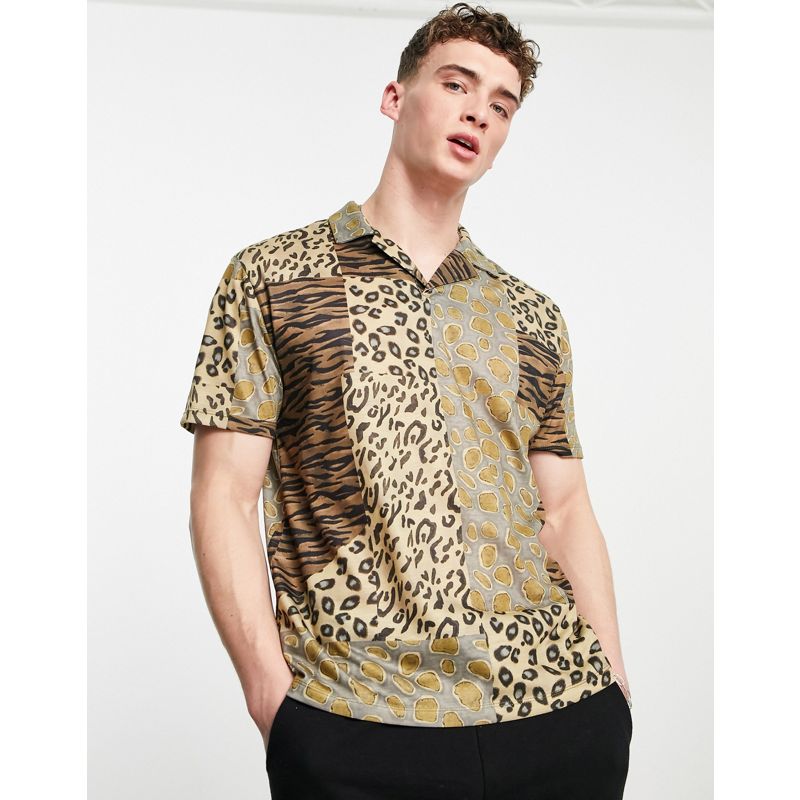 qCjKK Uomo DESIGN - T-shirt comoda stile polo con colletto a revers e stampa animalier mista