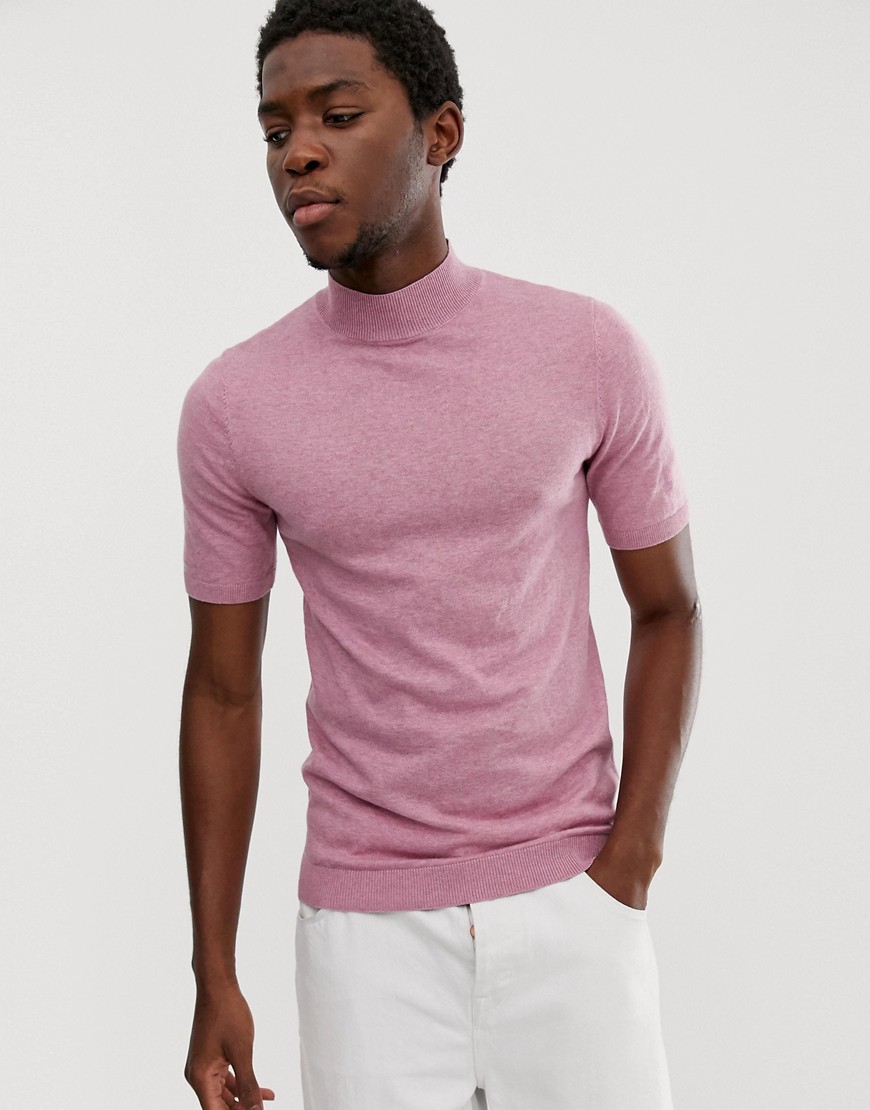 ASOS DESIGN - T-shirt con collo alto attillata rosa in maglia