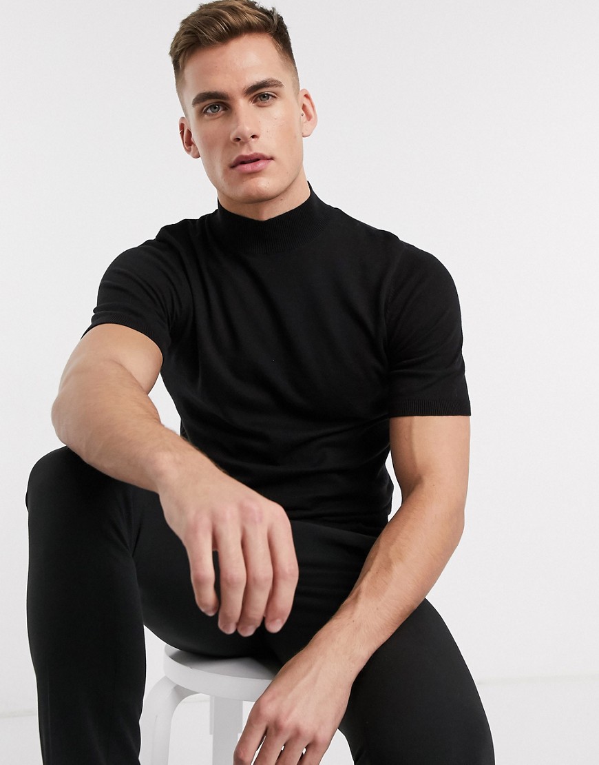 ASOS DESIGN - T-shirt con collo alto in maglia nera-Nero
