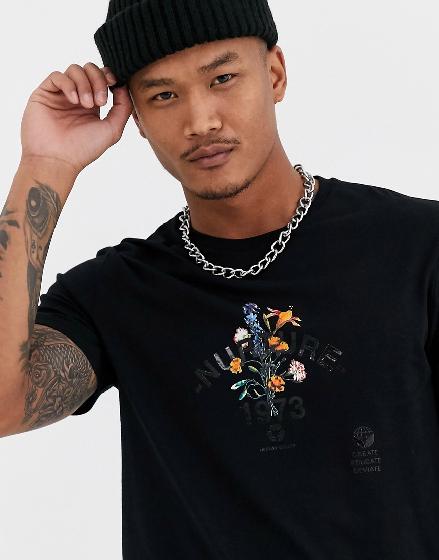 ASOS DESIGN - T-shirt con fiori e scritta in plastisol sul petto-Nero